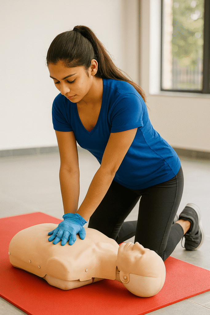 Joven practicando RCP en maniquí de entrenamiento